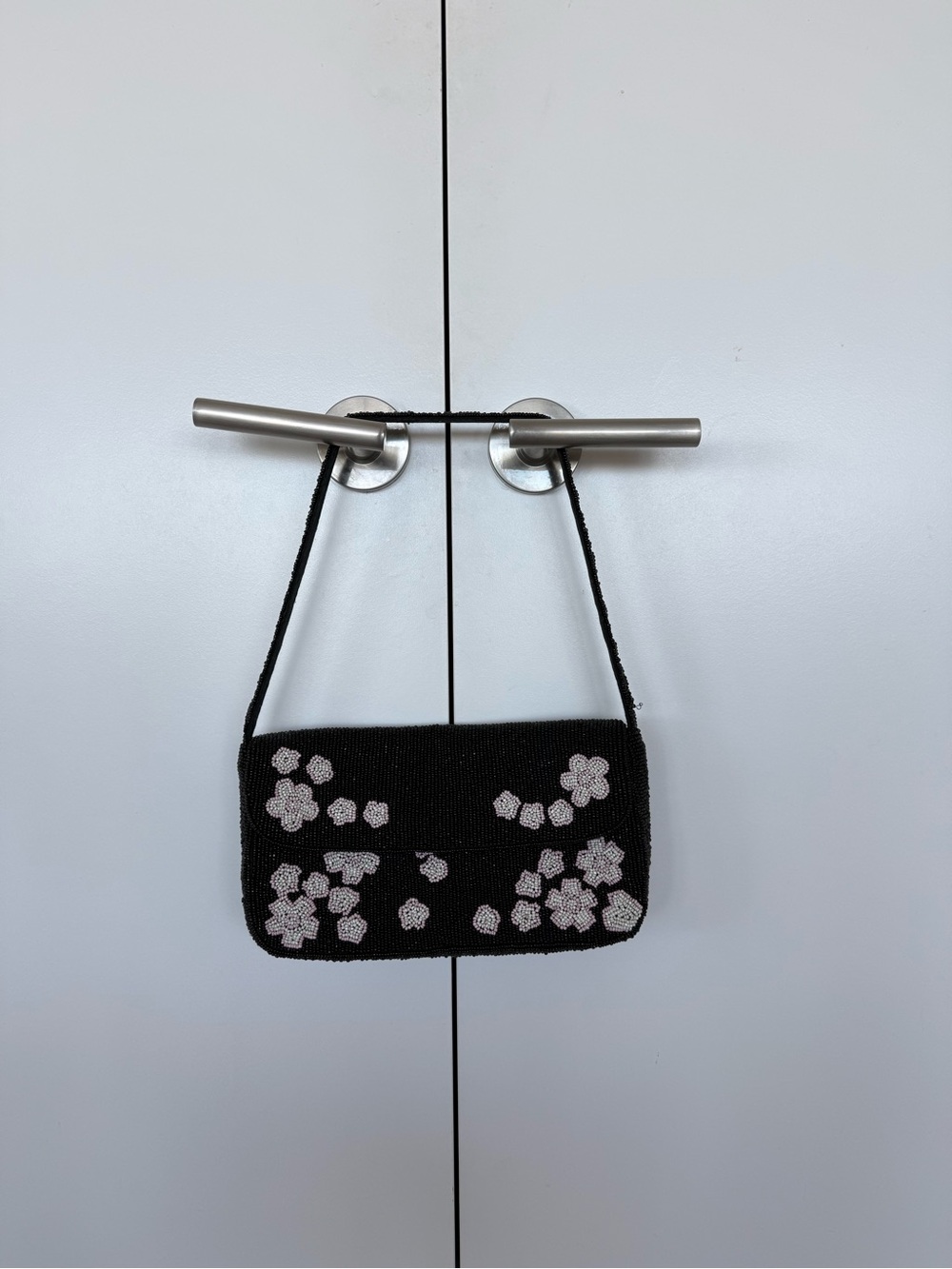 Free People Black Beaded Shoulder Bag with White Floral Accents